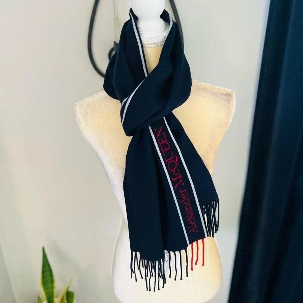 ALEXANDERw MCQUEEN Fringe Wool & Cashmere Scarf, Navy/Red, NWT